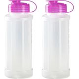 2x stuks kunststof waterflessen 1100 ml transparant met dop roze - Drink/sport/fitness flessen