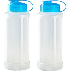 2x stuks kunststof waterflessen 1100 ml transparant met dop blauw