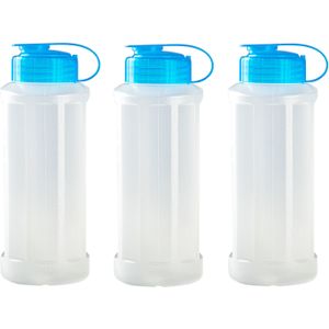 3x stuks kunststof waterflessen 1100 ml transparant met dop blauw - Drink/sport/fitness flessen