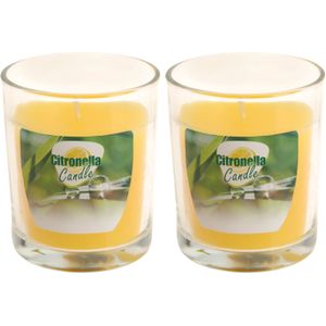 2x stuks citronella glazen tafelkaarsen geel 7 x 8 cm  - Anti muggen/insecten kaars