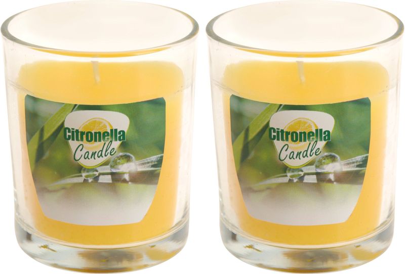 2x stuks citronella glazen tafelkaarsen geel 7 x 8 cm - Anti muggen/insecten kaars