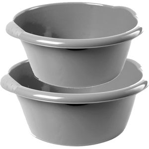 Voordeel set multifunctionele kunststof ronde afwas teiltjes zilver in 2-formaten - 10 en 15 liter inhoud