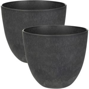 2x stuks plantenpot/bloempot in een natuursteen look Dia 23 cm en Hoogte 20 cm zwart - Plantenpotten