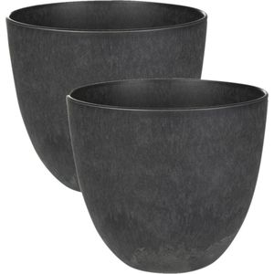 2x Stuks Plantenpot/Bloempot In Een Natuursteen Look Dia 17 cm en Hoogte 15 cm In Het Artstone Zwart Voor Binnen/Buiten