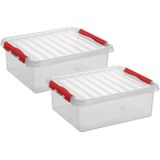 2x stuks opberg box/opbergdoos 25 liter 50 x 40 x 18 cm - Opslagbox - Opbergbak kunststof transparant/rood