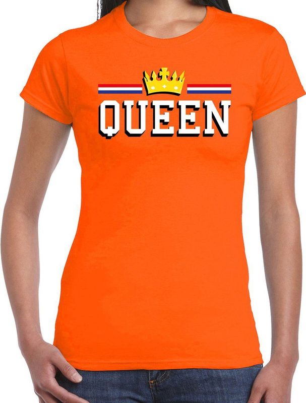 Koningsdag t-shirt Queen met gouden kroon - oranje - dames - koningsdag outfit kleding