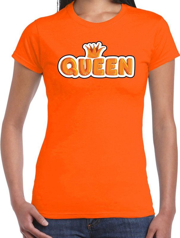 Koningsdag t-shirt Queen in cartoon letters - oranje - dames - koningsdag outfit kleding