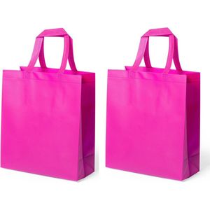 2x stuks draagtassen/schoudertassen/boodschappentassen in de kleur fuchsia roze 35 x 40 x 15 cm