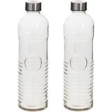 Waterflessen/drinkflessen - 2x - D8 x H29 cm - 1 liter - ribbel glas
