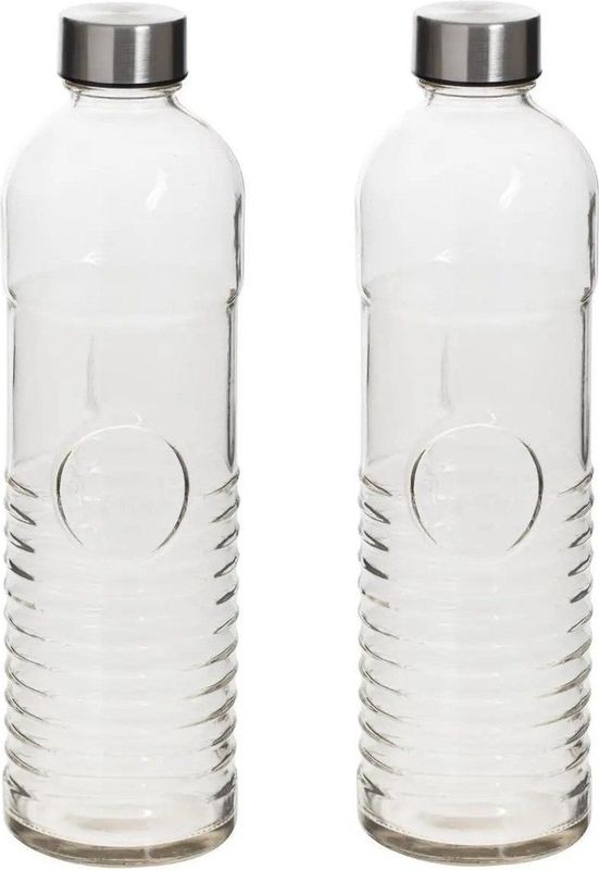 Waterflessen/drinkflessen - 2x - D8 x H29 cm - 1 liter - ribbel glas