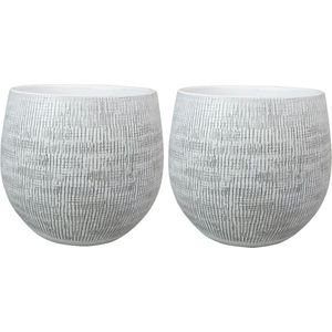 Set van 2x stuks plantenpotten/bloempotten in een strakke Modern design look wit/zwart Dia 26 cm en Hoogte 25.5 cm