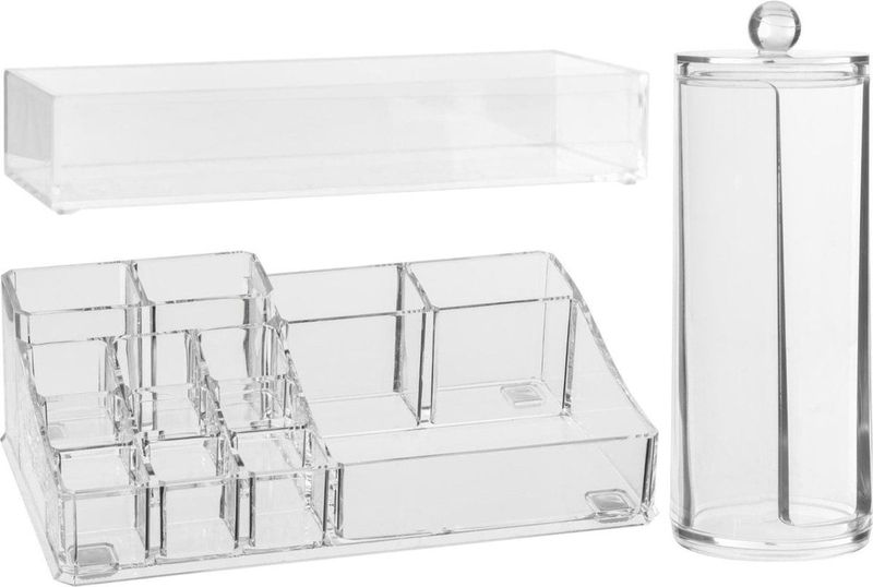 Make-up organizer set vakjes 22,5 x 7 en 25.5 x 5 cm en een wattenschijfjes dispenser - 3x stuks onderdelen
