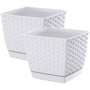 Prosperplast Plantenpot/bloempot - 2x - rotan kunststof - 16.5 x 16.5 cm - parel wit