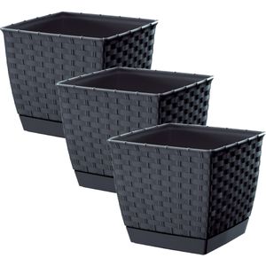 Prosperplast Plantenpot/bloempot - 3x - rotan kunststof - 16.5 x 16.5 cm - antraciet