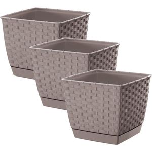 Prosperplast Plantenpot/bloempot - Set van 3x stuks - rotan kunststof - 22 x 19 cm - taupe - Plantenpotten