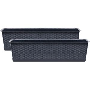Prosperplast Kunststof plantenbak/bloembak Ratolla - 2x - rotan look - antraciet grijs - 40 x 17 x 15 cm