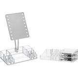 Make-up Organizer Set - Transparant - Kunststof - 19 Vakken en Spiegel met Verlichting
