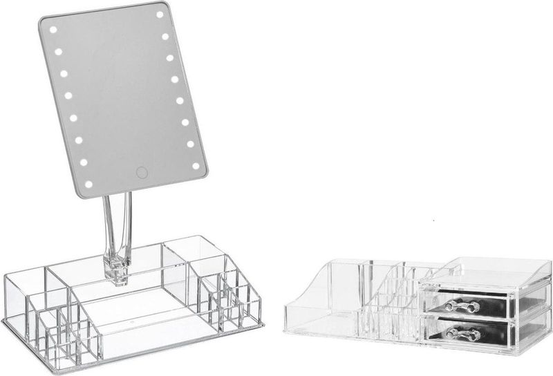 Make-up Organizer Set - Transparant - Kunststof - 19 Vakken en Spiegel met Verlichting