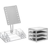 Make-up Organizer Set - Transparant - Kunststof - Inclusief LED Spiegel