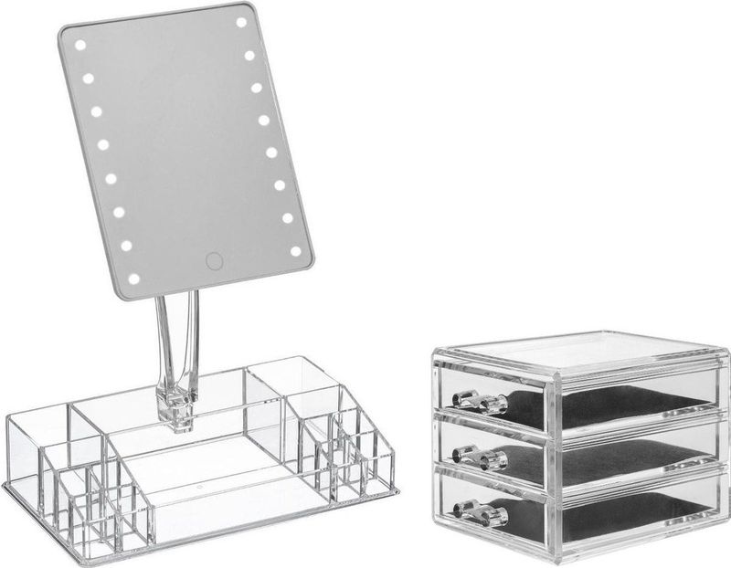 Make-up Organizer Set - Transparant - Kunststof - Inclusief LED Spiegel