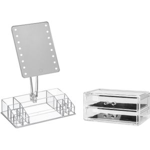 Make-up organizer set vakjes en lades 19 x 9 cm en een LED spiegel set 28 x 16 x 38 cm