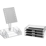 Make-up Organizer Set - Transparant - Kunststof - Inclusief LED Spiegel