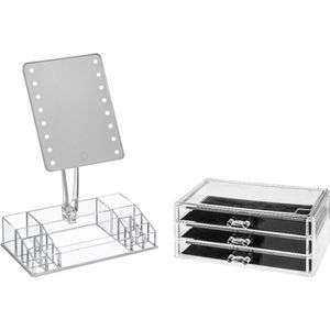 Make-up organizer set vakjes/lades 24 x 15.5 x 11 cm en een LED spiegel set 28 x 16 x 38 cm