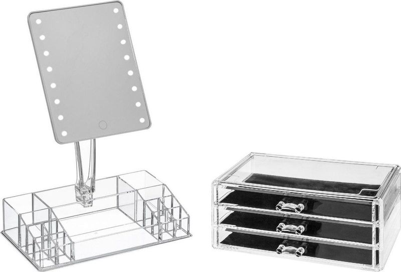 Make-up Organizer Set - Transparant - Kunststof - Inclusief LED Spiegel
