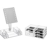 Make-up Organizer Set - Transparant - Kunststof - Inclusief LED Spiegel