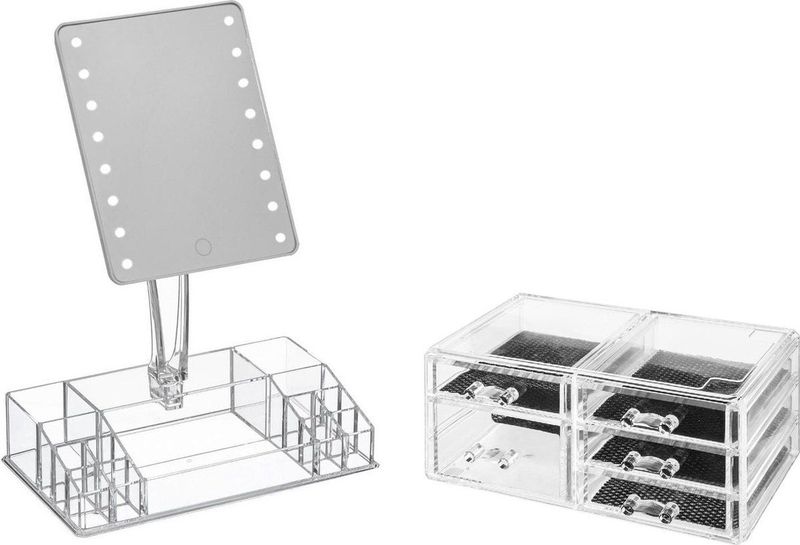 Make-up Organizer Set - Transparant - Kunststof - Inclusief LED Spiegel