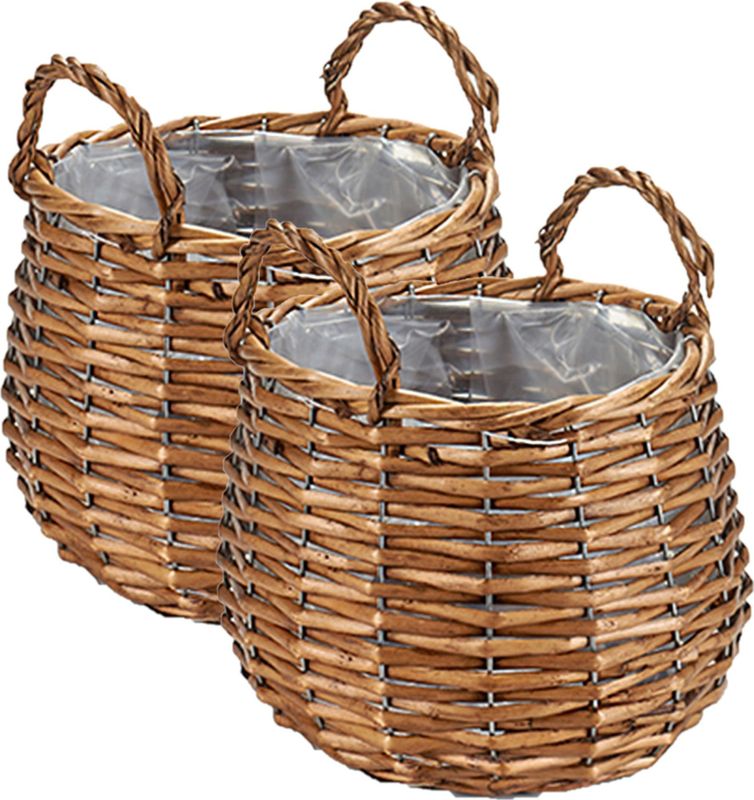 Set van 2x stuks plantenbak manden gevlochten riet met binnenmand 15 x 15 x 11,5 cm - Plantenbakken