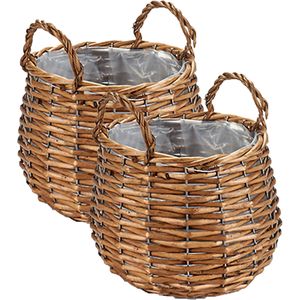 Set van 2x stuks plantenbak manden gevlochten riet met binnenmand 23 x 23 x 15 cm - Voor binnen/buiten