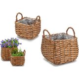 Set van 2x stuks plantenbak manden gevlochten riet met binnenmand 23 x 23 x 15 cm - Voor binnen/buiten