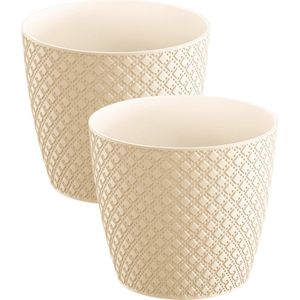 2x stuks orient stijl plantenpot/bloempot kunststof dia 13 cm en hoogte 11 cm in het creme wit voor binnen/buiten