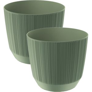 2x stuks moderne carf-stripe plantenpot/bloempot kunststof dia 13 cm/hoogte 11 cm groen voor binnen/buiten