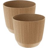 2x stuks moderne carf-stripe plantenpot/bloempot kunststof dia 13 cm/hoogte 11 cm eco/aarde beige