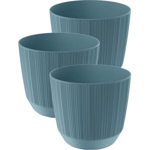 Prosperplast Plantenpot - 3x stuks - stripe - ijsblauw - kunststof - D13xH11 cm - voor binnen/buiten
