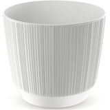 2x stuks moderne carf-stripe plantenpot/bloempot kunststof dia 15 cm/hoogte 13 cm parel wit voor binnen/buiten