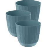 3x stuks moderne carf-stripe plantenpot/bloempot kunststof dia 15 cm/hoogte 13 cm stone blauw voor binnen/buiten
