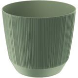 2x stuks moderne carf-stripe plantenpot/bloempot kunststof dia 17 cm/hoogte 15 cm groen voor binnen/buiten