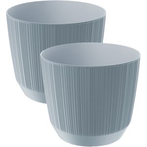 2x stuks moderne carf-stripe plantenpot/bloempot kunststof dia 19.5 cm/hoogte 17 cm steengrijs - Plantenpotten