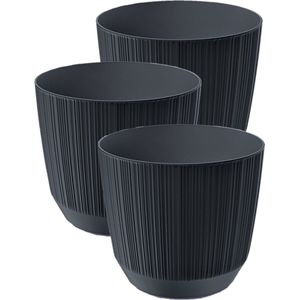 3x stuks moderne carf-stripe plantenpot/bloempot kunststof dia 19.5 cm/hoogte 17 cm antraciet grijs voor binnen/buiten