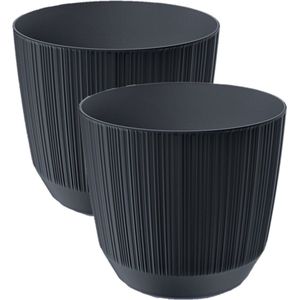 4x stuks moderne carf-stripe plantenpot/bloempot kunststof dia 19.5 cm/hoogte 17 cm antraciet grijs voor binnen/buiten