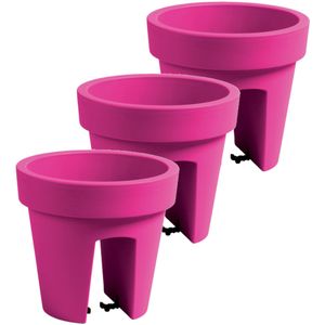 3x stuks balkon plantenpot/bloempot fuchsia roze 5 liter kunststof D25 x H22.5 cm voor reling buiten