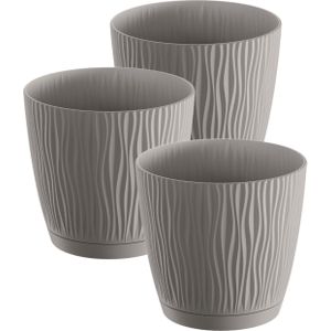 Plantenpot/bloempot Waves - 3x stuks - kunststof - steengrijs - D13 x H12 cm - binnen/buiten - Plantenpotten