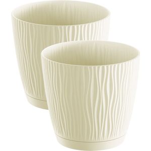 4x stuks stijlvolle kunststof plantenpot/bloempot dia 15 cm/hoogte 14 cm Waves creme wit voor binnen/buiten