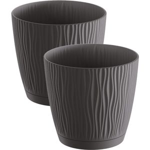 2x stuks stijlvolle kunststof plantenpot/bloempot dia 17 cm/hoogte 16 cm Waves antraciet grijs voor binnen/buiten
