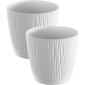 2x stuks stijlvolle kunststof plantenpot/bloempot dia 19 cm/hoogte 17.5 cm Waves wit