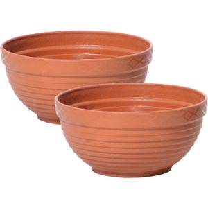 Set van 2x stuks tafelstuk plantenpotten/bloempotten kunststof dia 65 cm en hoogte 24 cm in het terra cotta voor binnen/buiten