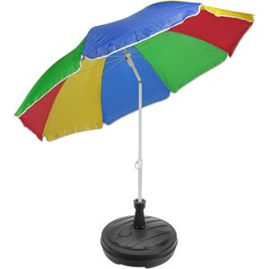 Regenboog gekleurde tuin/strand parasol 180 cm met antraciet voet van 42 cm